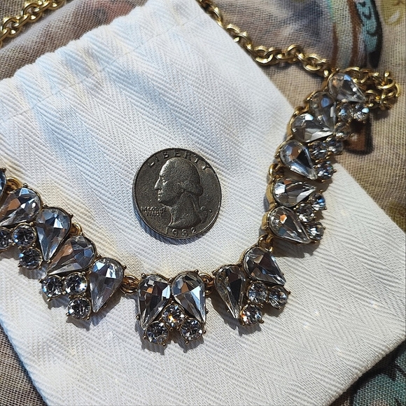 J. Crew Round Teardrop Crystal Clear Rhinestones Oxidized Brass Necklace Bride - Picture 7 of 10